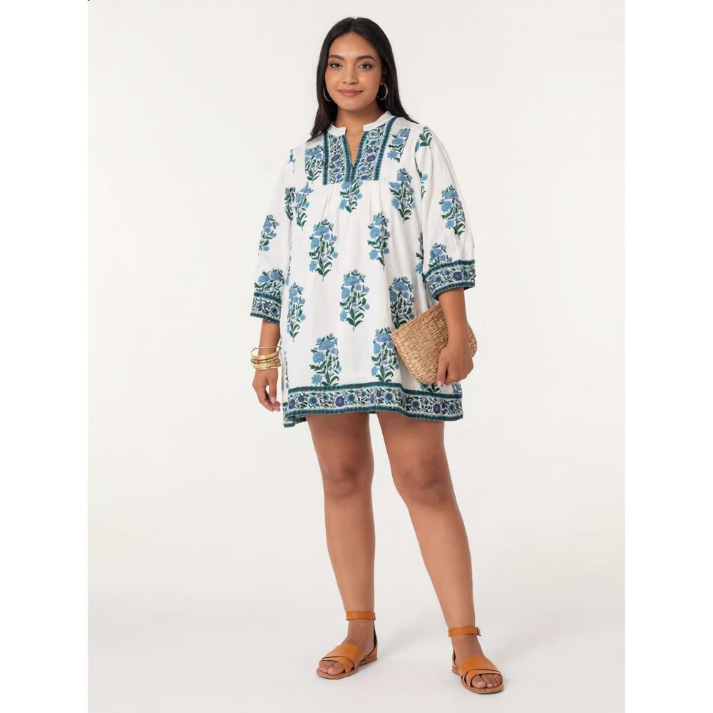 Victoria Dunn White Blue Block Print Boho Tunic Dress 3XL Hand Block Print India
